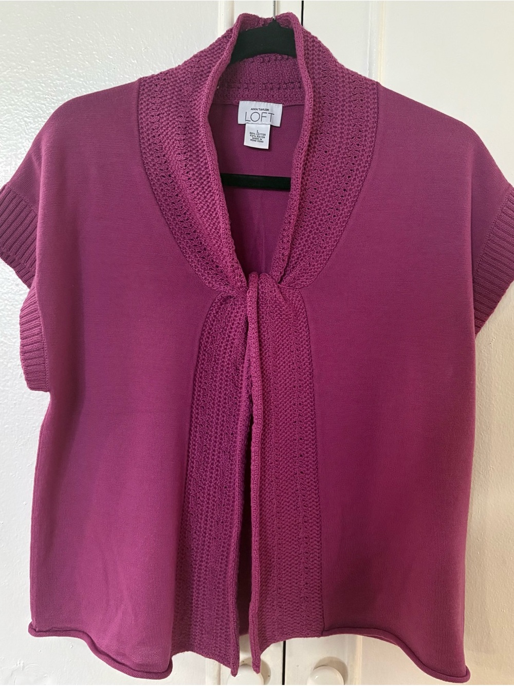 LOFT Magenta Knit Tie-Neck Short Sleeve Sweater Top